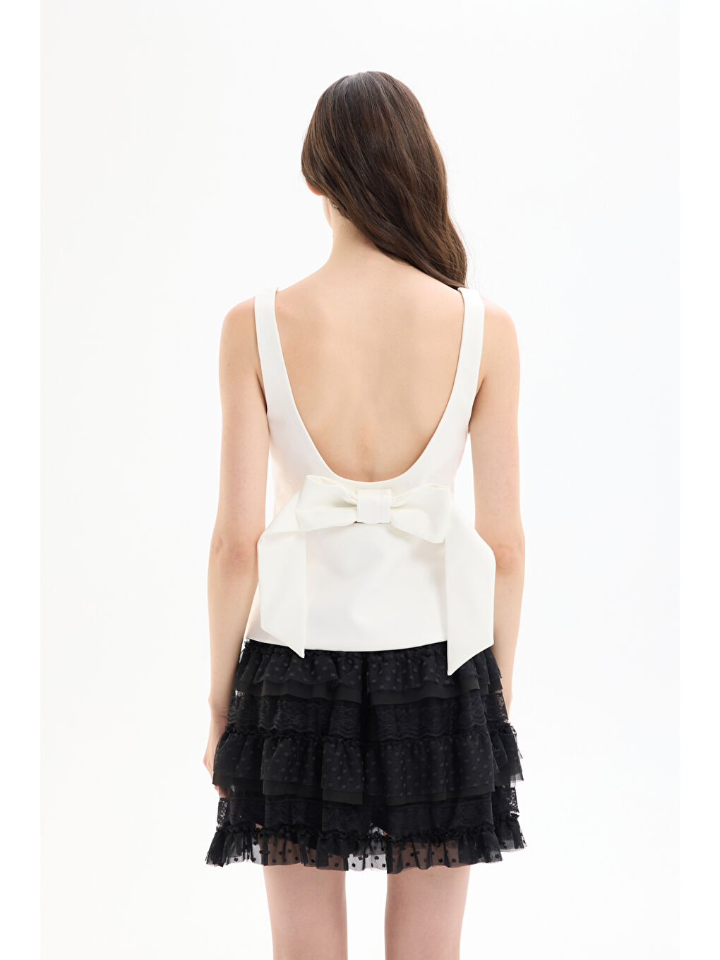 Sırtı Kurdele Detaylı Kare Yaka Askılı  Bluz Ekru-4