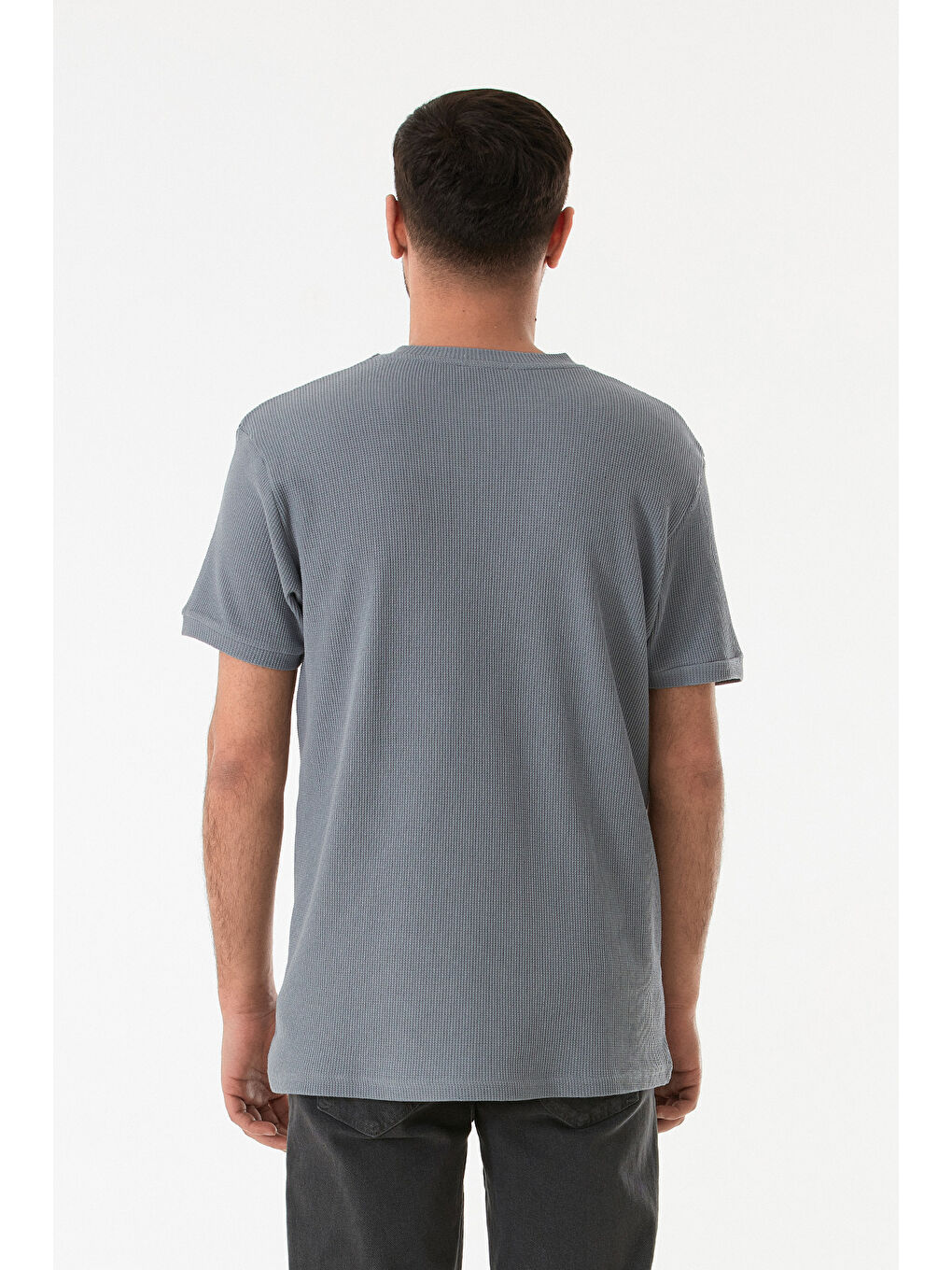 Gri Waffle Kumaş Bisiklet Yaka Tişört-1