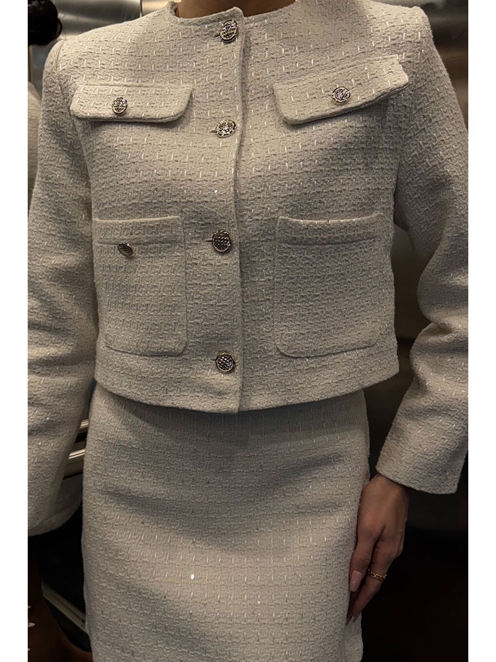 Ekru Kadın Işıltılı Ceket Etek Tüvit İkili Takım-1