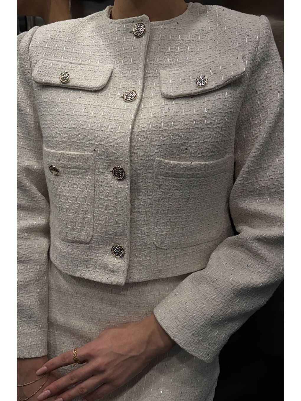 Ekru Kadın Işıltılı Ceket Etek Tüvit İkili Takım-2