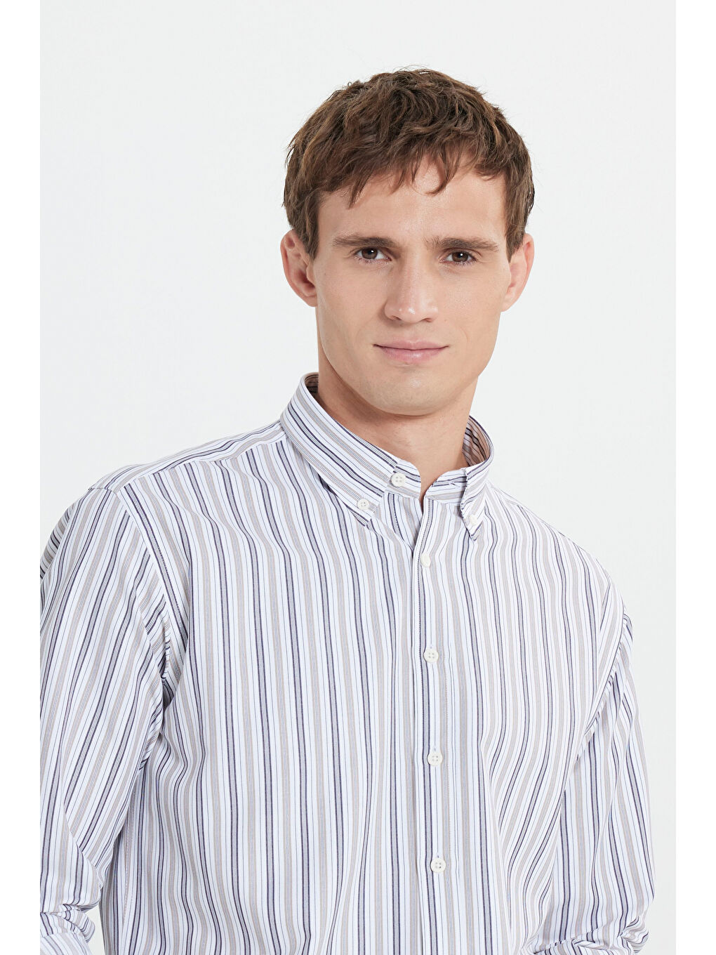 Beyaz Erkek BEYAZ-KAHVE Pamuklu Regular Fit Rahat Kesim Düğmeli Yaka Çizgili Gömlek-3