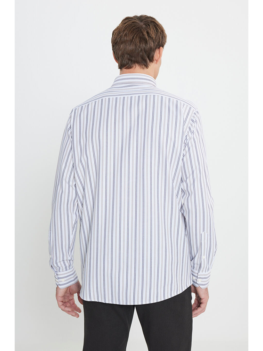 Beyaz Erkek BEYAZ-KAHVE Pamuklu Regular Fit Rahat Kesim Düğmeli Yaka Çizgili Gömlek-4