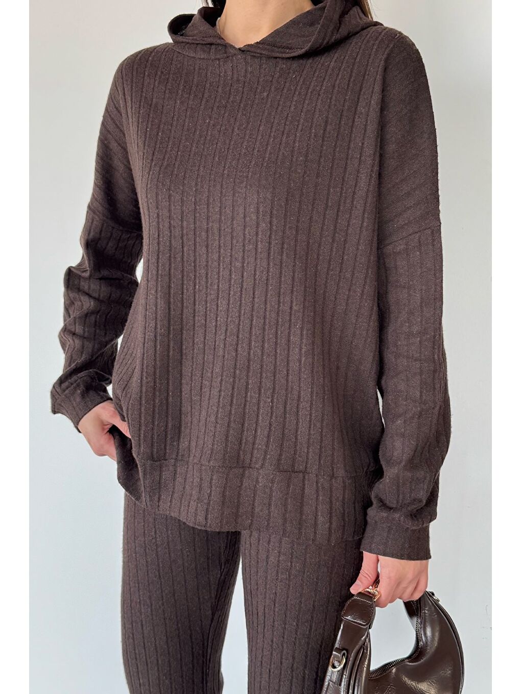 Kahverengi Kapüşonlu Fitilli Sweat Pantolon İkili Takım-2