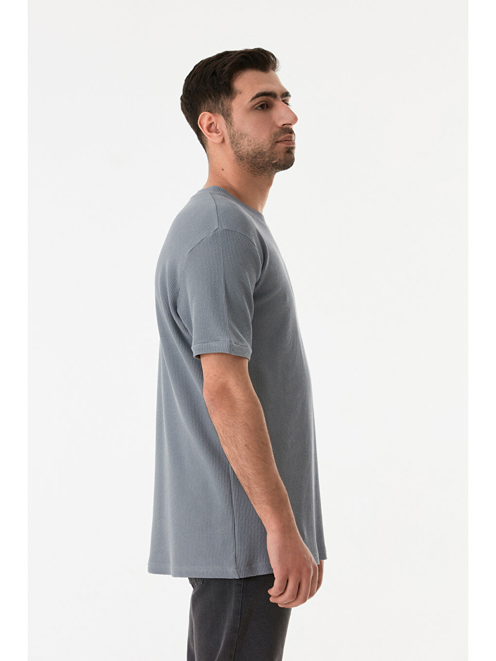 Gri Waffle Kumaş Bisiklet Yaka Tişört-2
