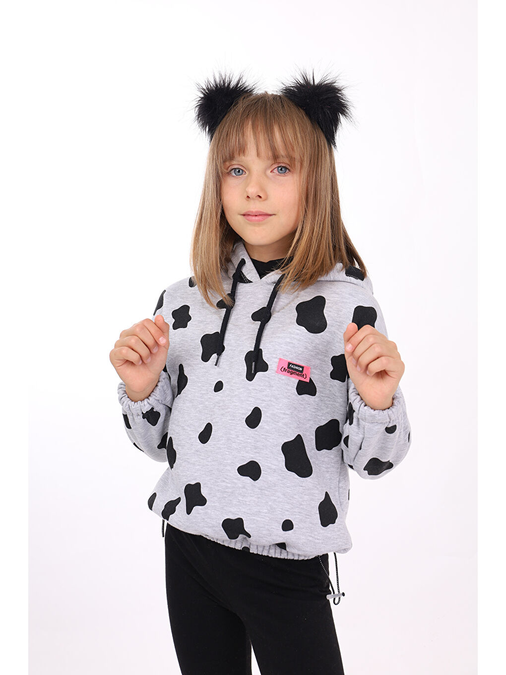 Gri Kız Çocuk Komple İnek Baskılı Sweatshirt-1