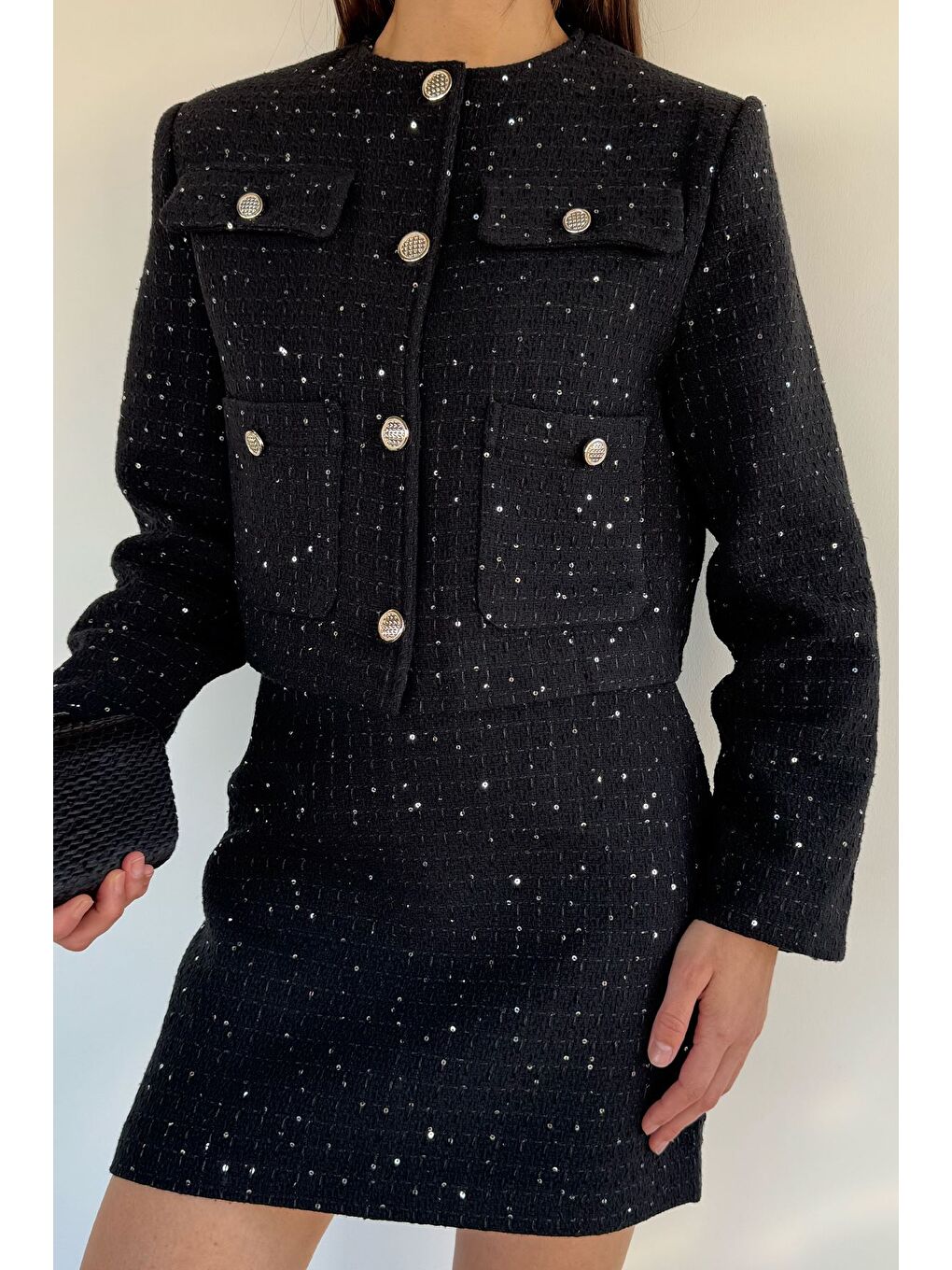 Siyah Kadın Işıltılı Ceket Etek Tüvit İkili Takım-2