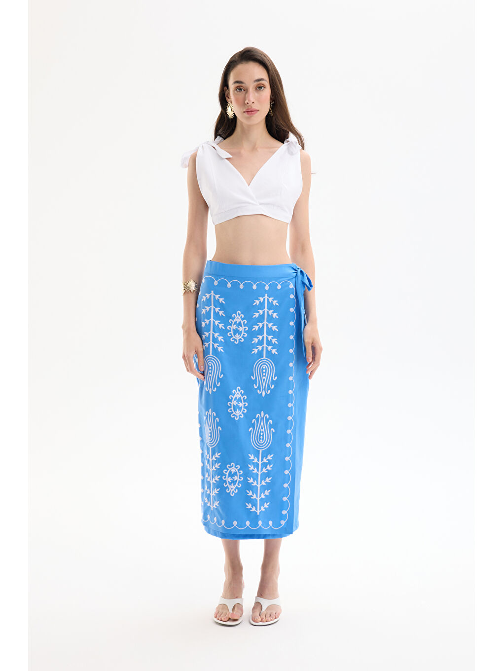 Lale Nakışlı Bağlamalı Midi Boy Etek Mavi-2