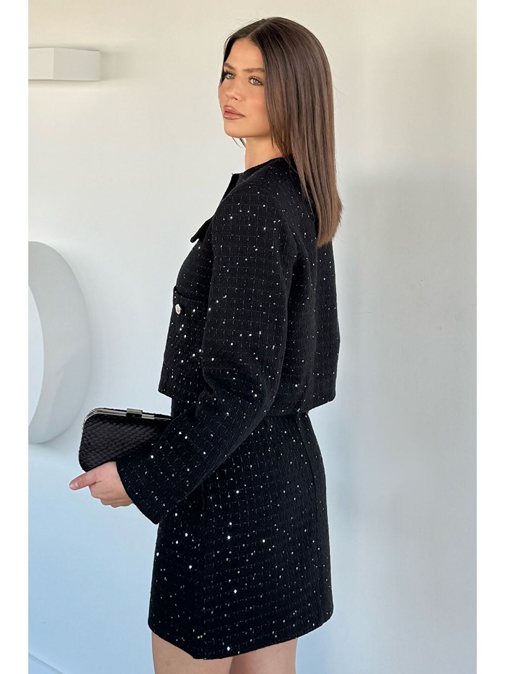 Siyah Kadın Işıltılı Ceket Etek Tüvit İkili Takım-3
