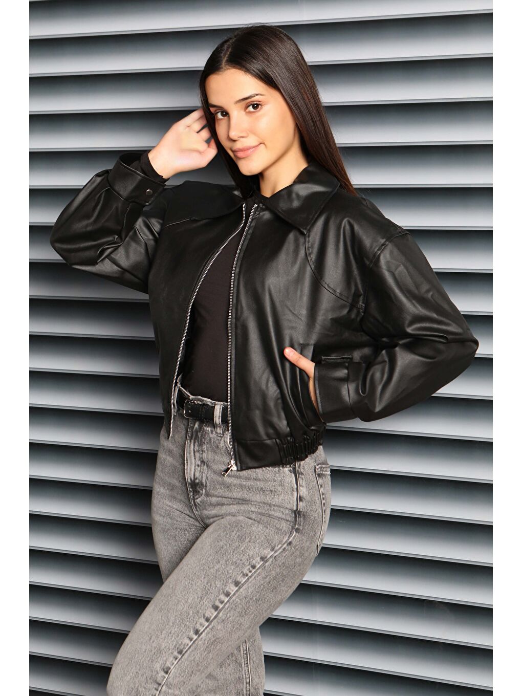 Beli Lastikli Deri Ceket Siyah - 27808-SIYAH-1