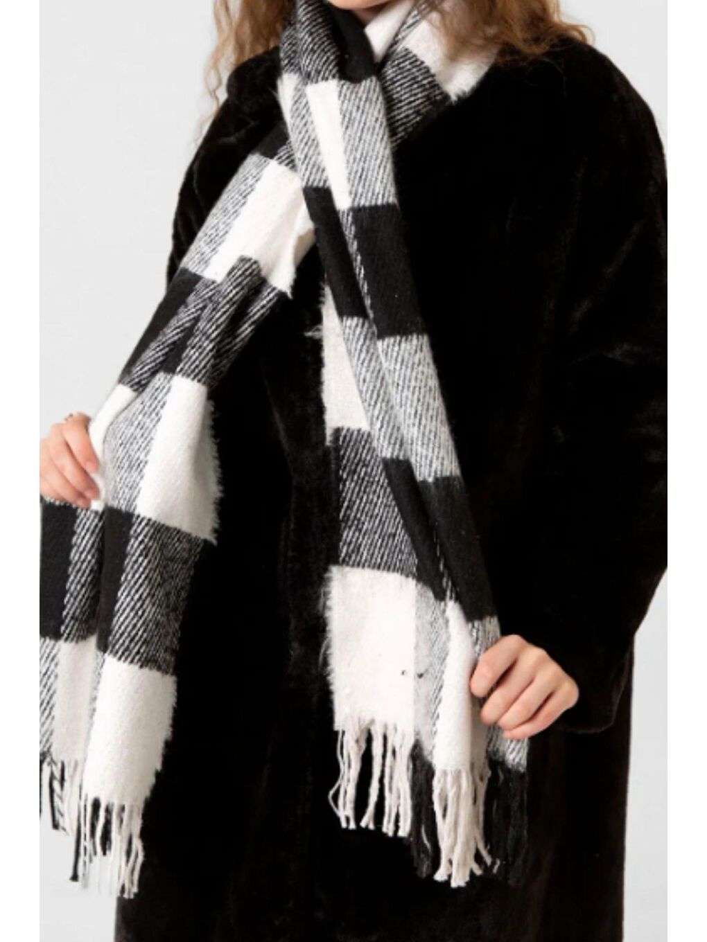Kalın Ekose Desenli Şal Siyah-3