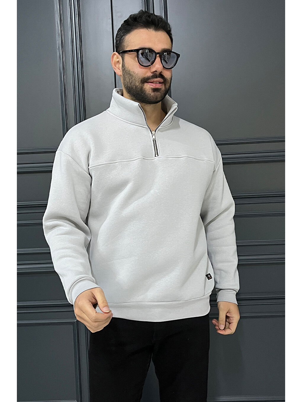 Mishar İtalia Gri Dik Yaka Yarım Fermuarlı Üç İplik Şardonlu Erkek Sweatshirt - 1