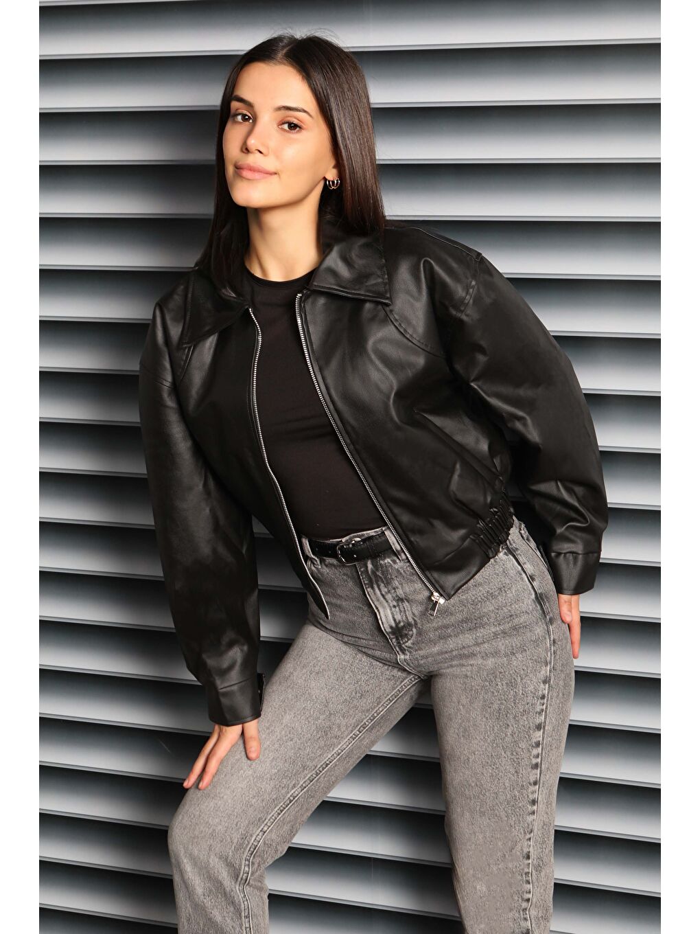 Beli Lastikli Deri Ceket Siyah - 27808-SIYAH-2