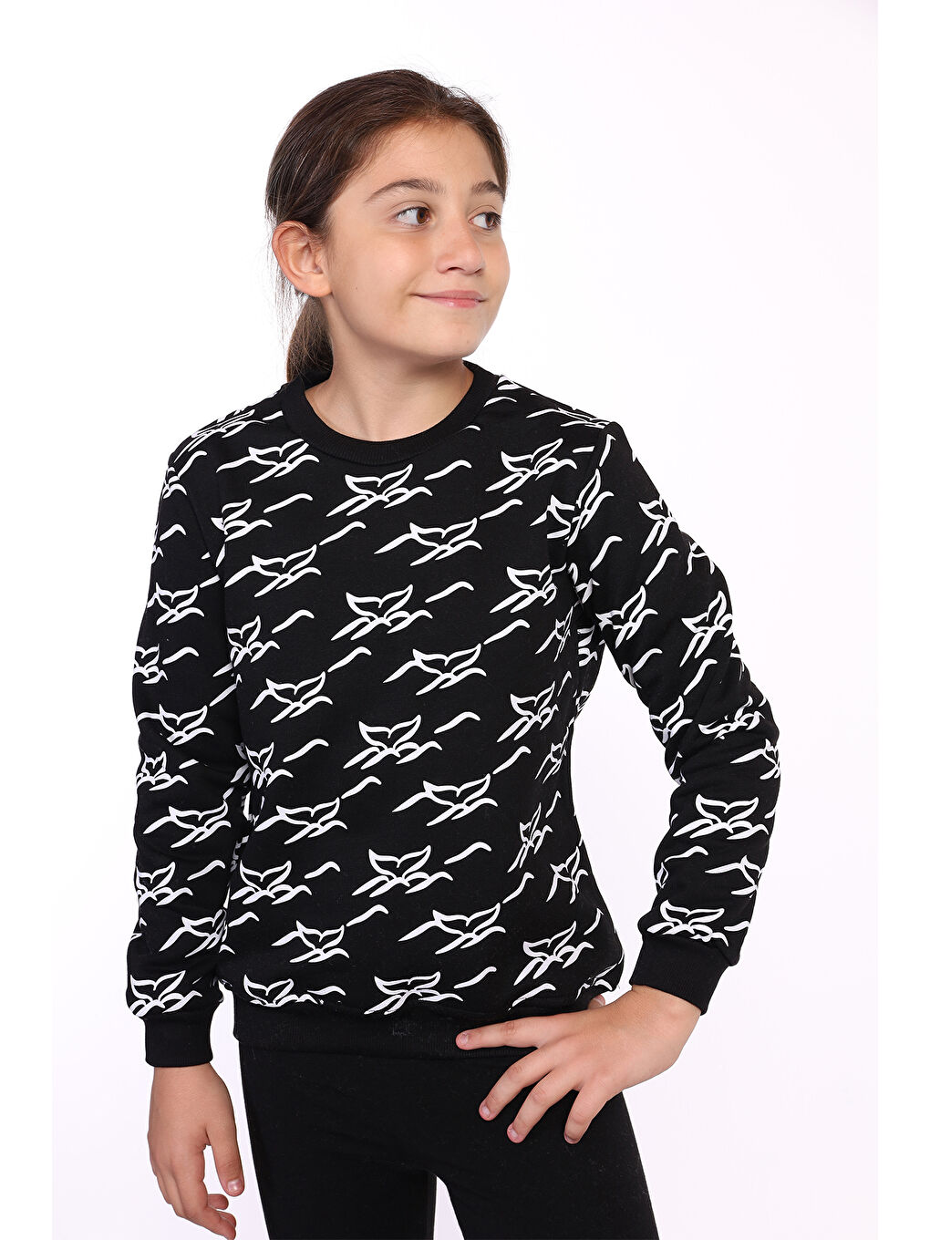 Siyah Kız Çocuk Komple Balık Kuyruğu Baskılı Sweatshirt