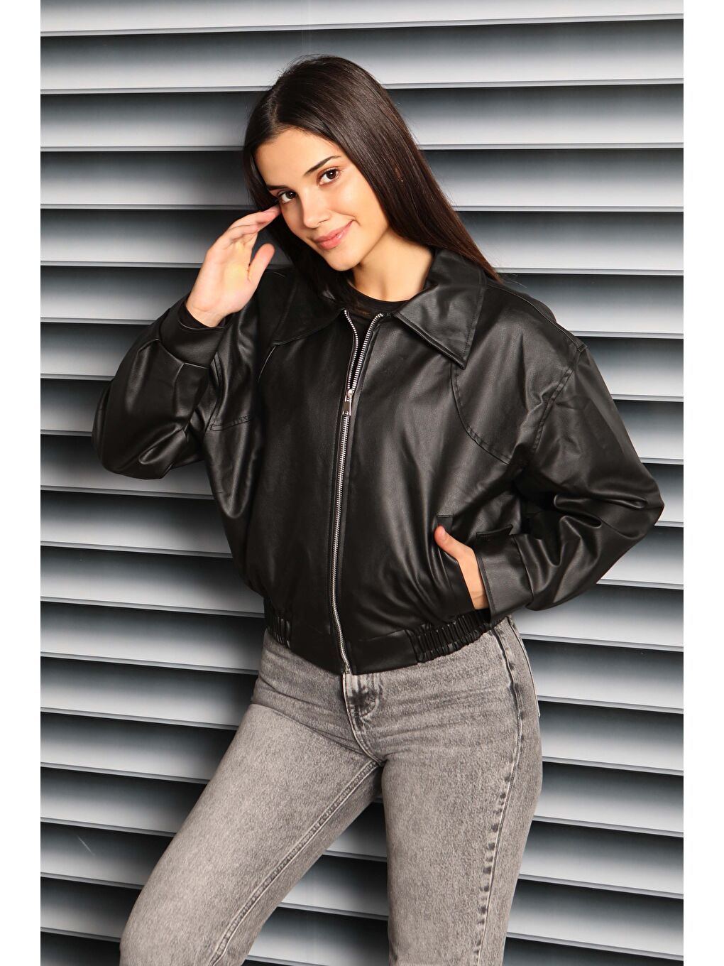 Beli Lastikli Deri Ceket Siyah - 27808-SIYAH-3