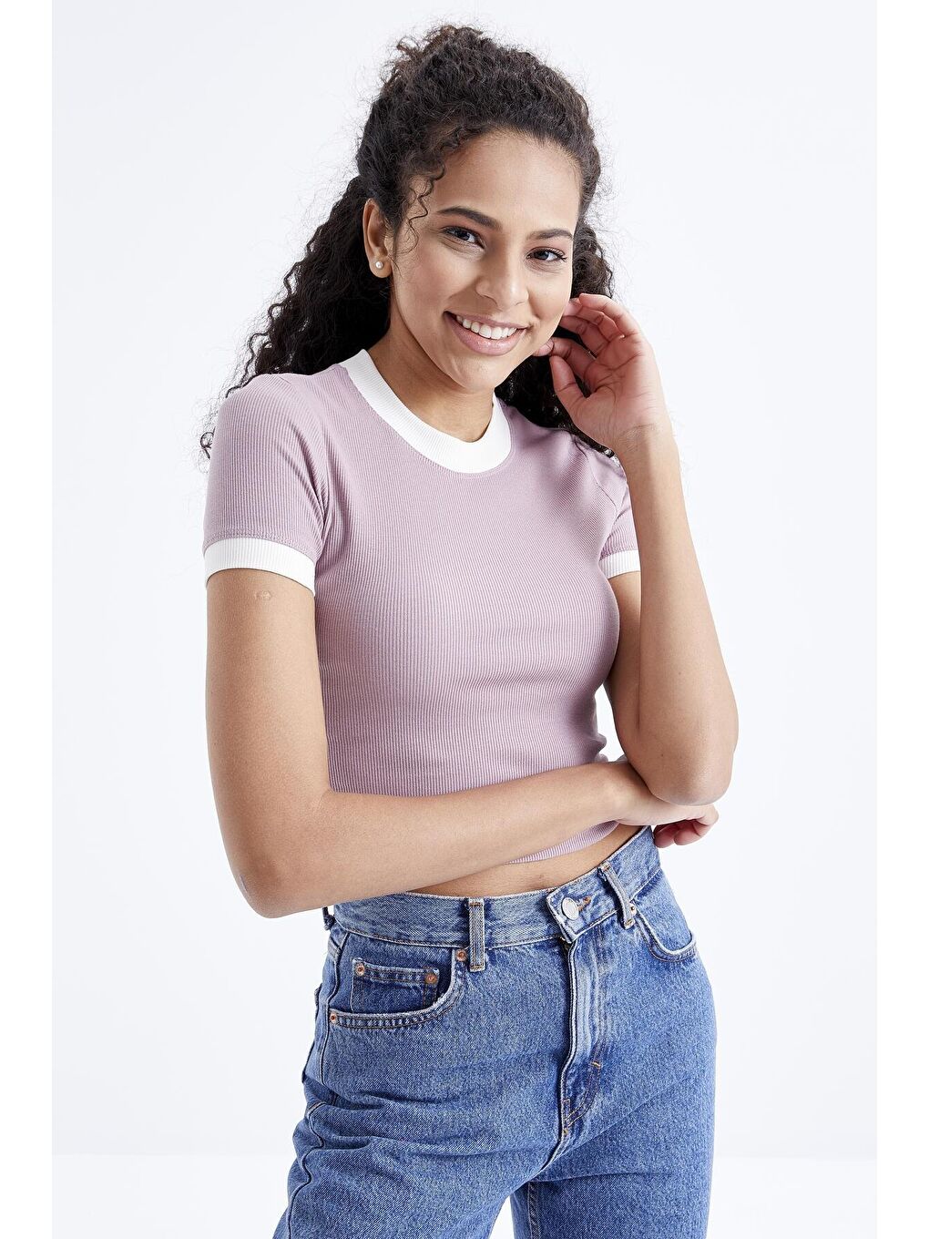 TOMMYLIFE Pembe Gül Kurusu Basic Kol Detaylı O Yaka Kadın Crop Top T-Shirt - 97200