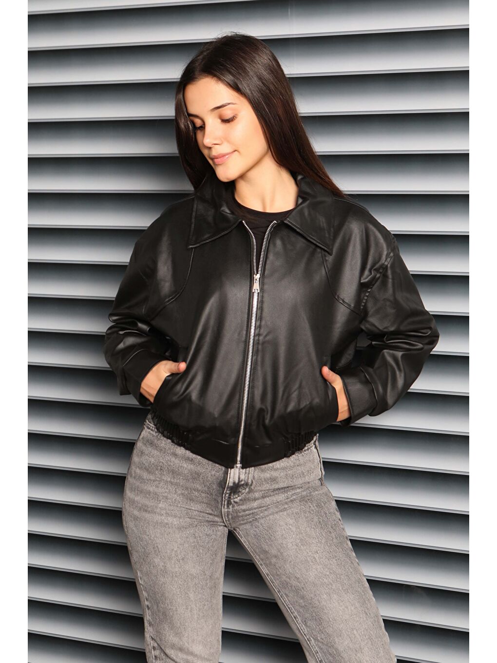 Beli Lastikli Deri Ceket Siyah - 27808-SIYAH-4