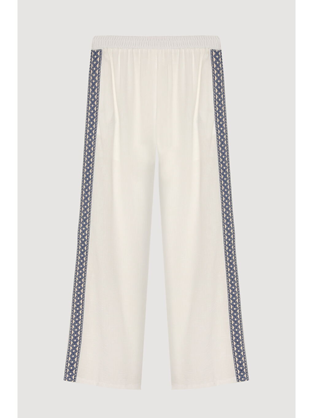 Şerit Nakışlı Beli Lastikli Bol Paça Pantolon Ekru-1
