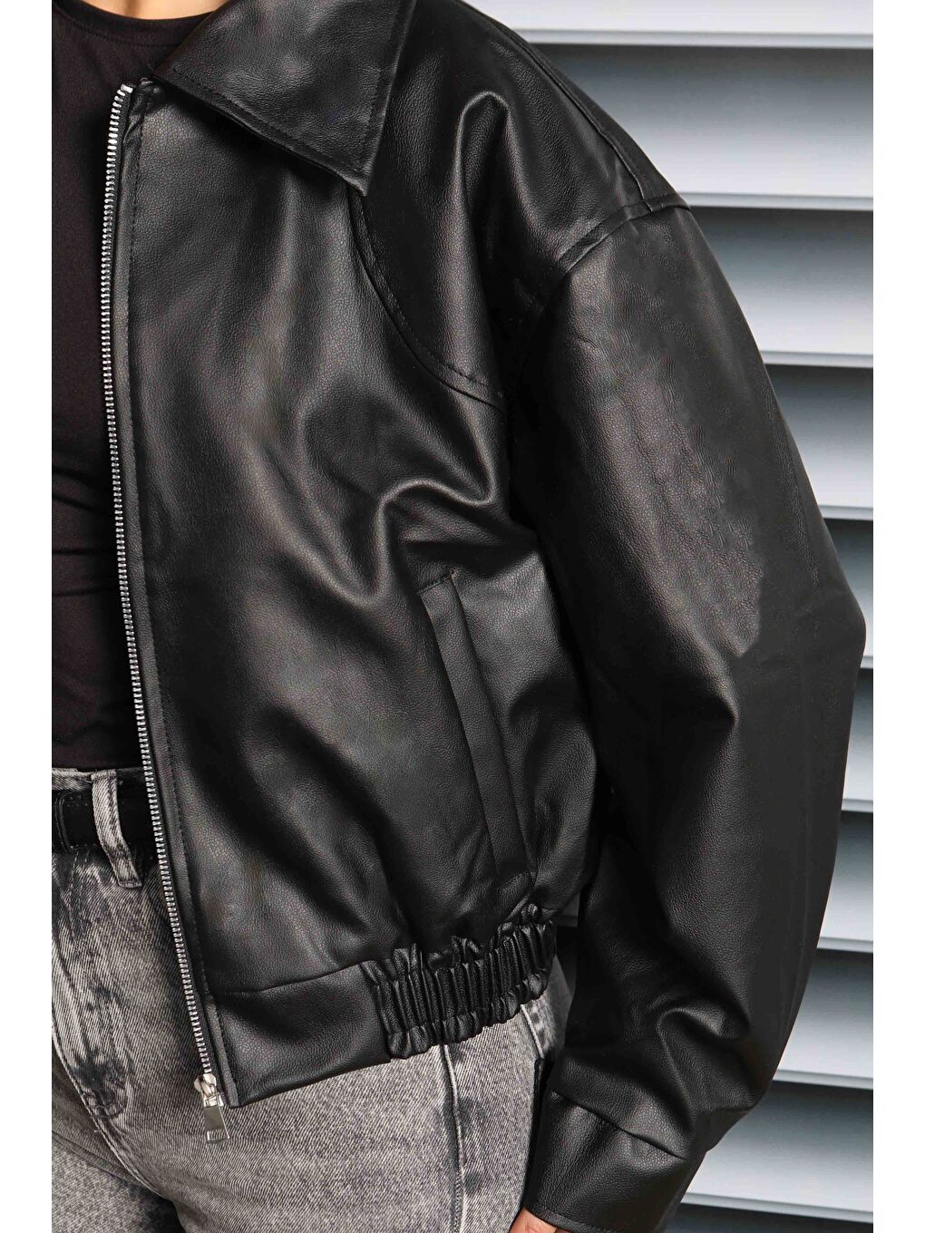 Beli Lastikli Deri Ceket Siyah - 27808-SIYAH-5