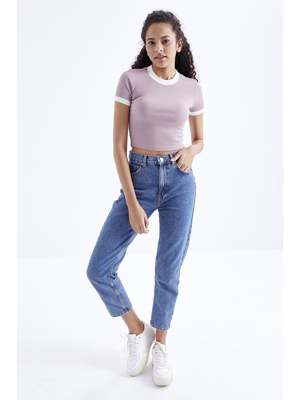 TOMMYLIFE Pembe Gül Kurusu Basic Kol Detaylı O Yaka Kadın Crop Top T-Shirt - 97200 - 1