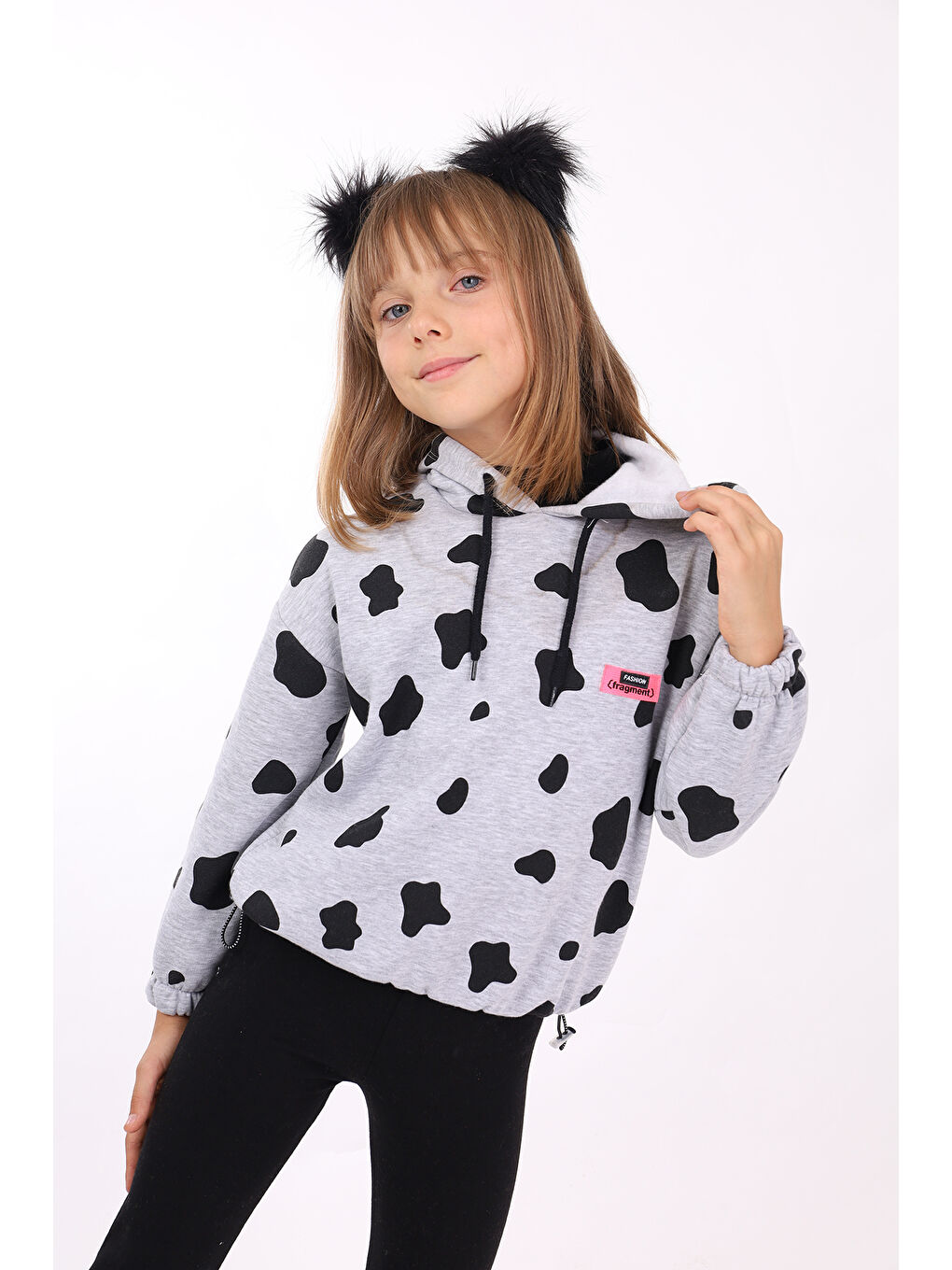 Gri Kız Çocuk Komple İnek Baskılı Sweatshirt-3