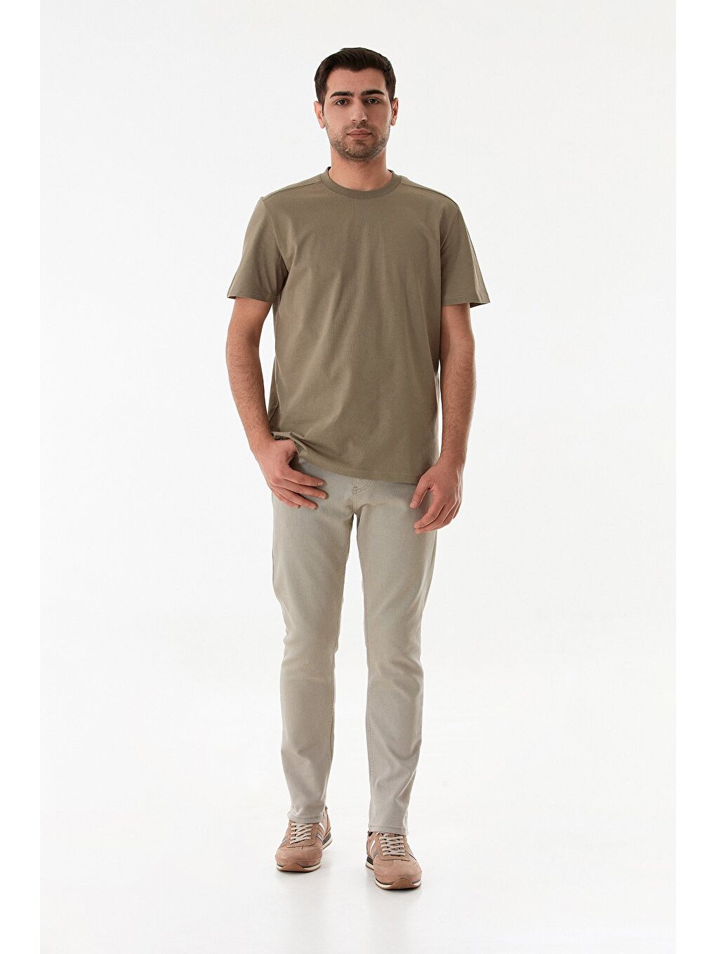 Haki Basic Bisiklet Yaka Tişört-1