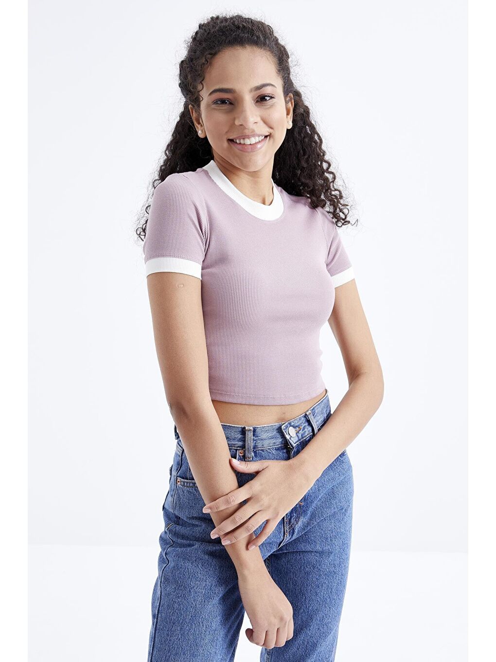 TOMMYLIFE Pembe Gül Kurusu Basic Kol Detaylı O Yaka Kadın Crop Top T-Shirt - 97200 - 2