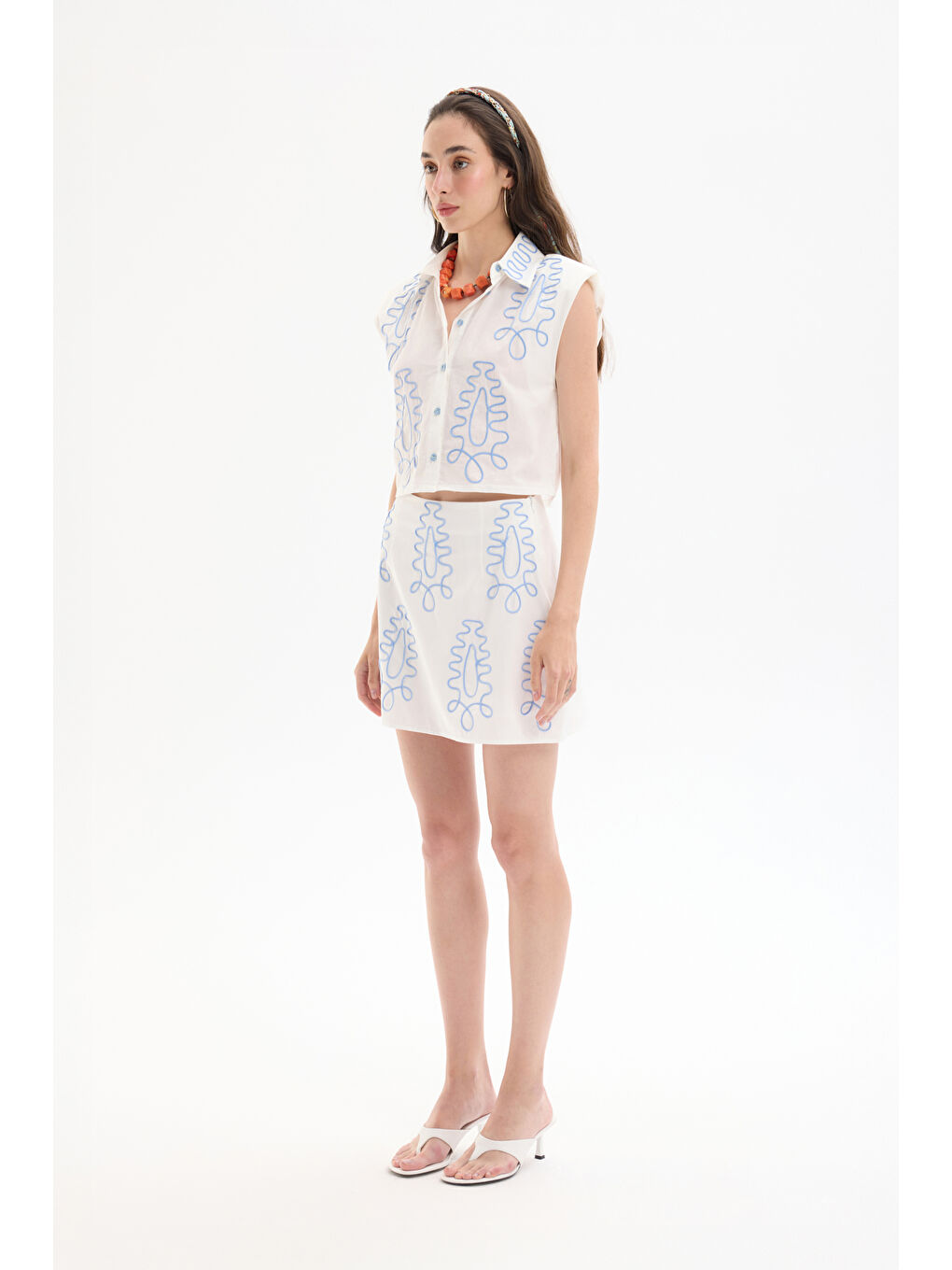 Etnik Motif Nakışlı Mini Etek Ekru-2