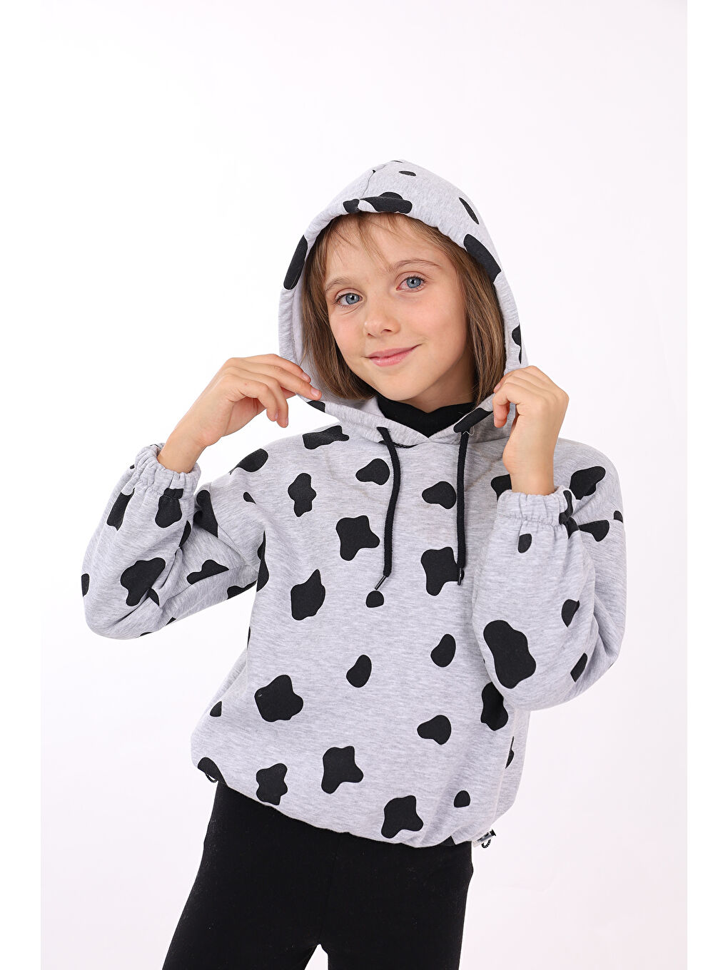 Gri Kız Çocuk Komple İnek Baskılı Sweatshirt-4