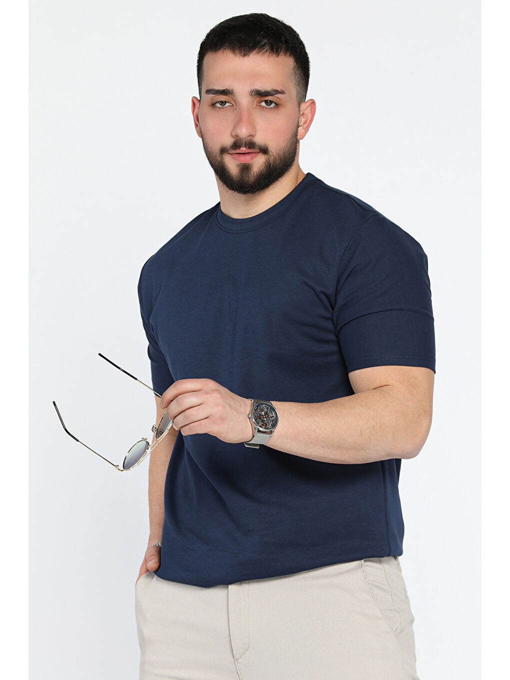 Lacivert Erkek Bisiklet Yaka Basic Tişört-1