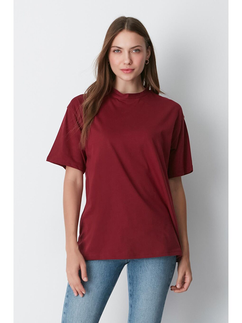 Bisiklet Yaka Kısa Kol 2'Li Casual Basic T-Shirt 961 Bordo/Bej-2