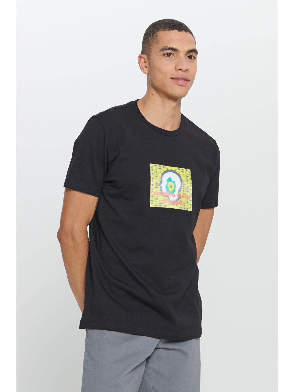 Erkek Siyah Standart Fit Normal Kesim %100 Pamuk Baskılı Bisiklet Yaka Tişört-3