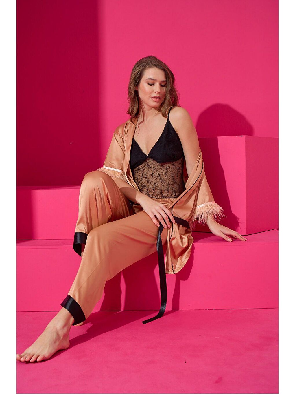 Kahverengi Saten Sabahlik Pijama Takim 9501-7