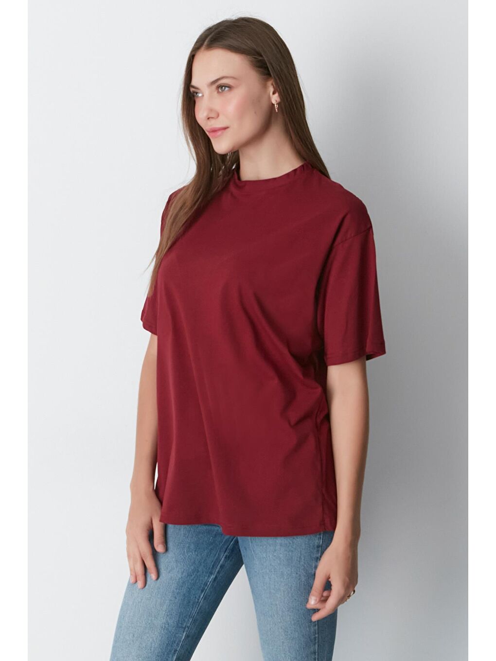 Bisiklet Yaka Kısa Kol 2'Li Casual Basic T-Shirt 961 Bordo/Bej-4