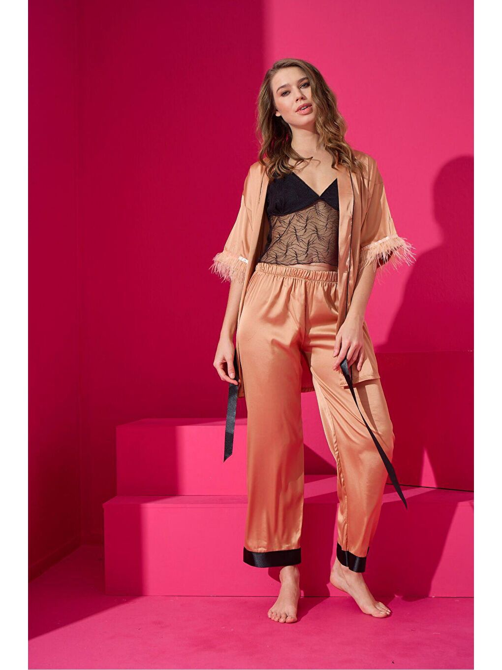Kahverengi Saten Sabahlik Pijama Takim 9501-7-1