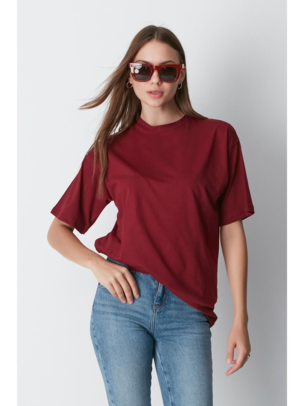Bisiklet Yaka Kısa Kol 2'Li Casual Basic T-Shirt 961 Bordo/Bej-5