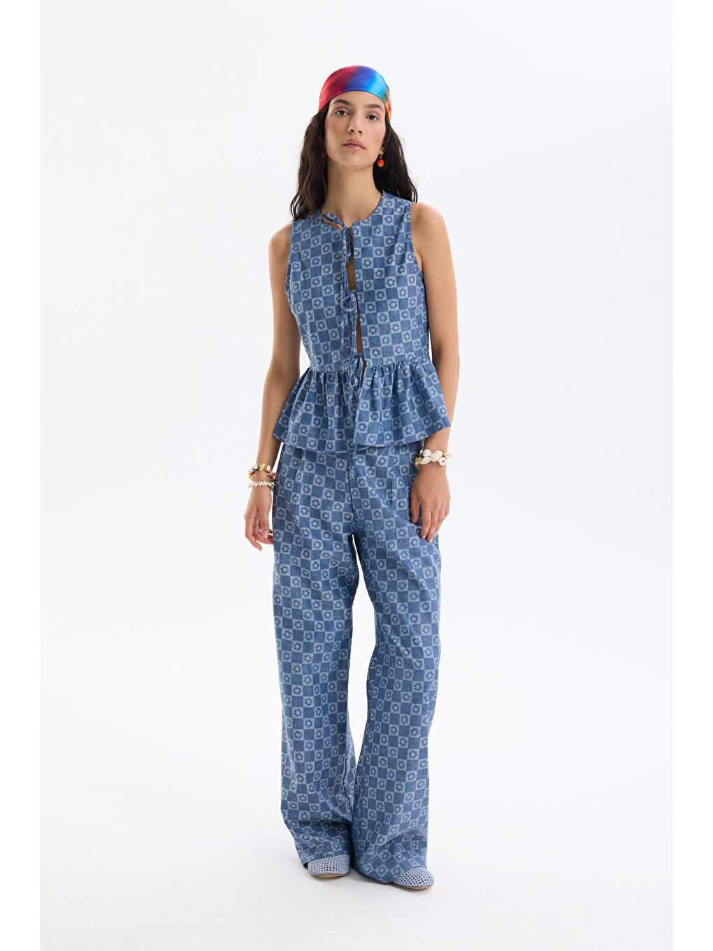 Damalı Jean Görünümlü Bol Paça Pantolon İndigo-2