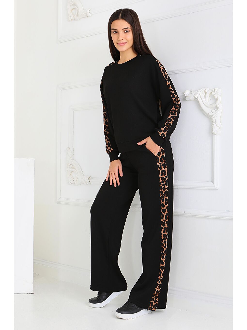 Kol Leopar Detaylı Modal İkili Takım Siyah - 27884-SIYAH-2
