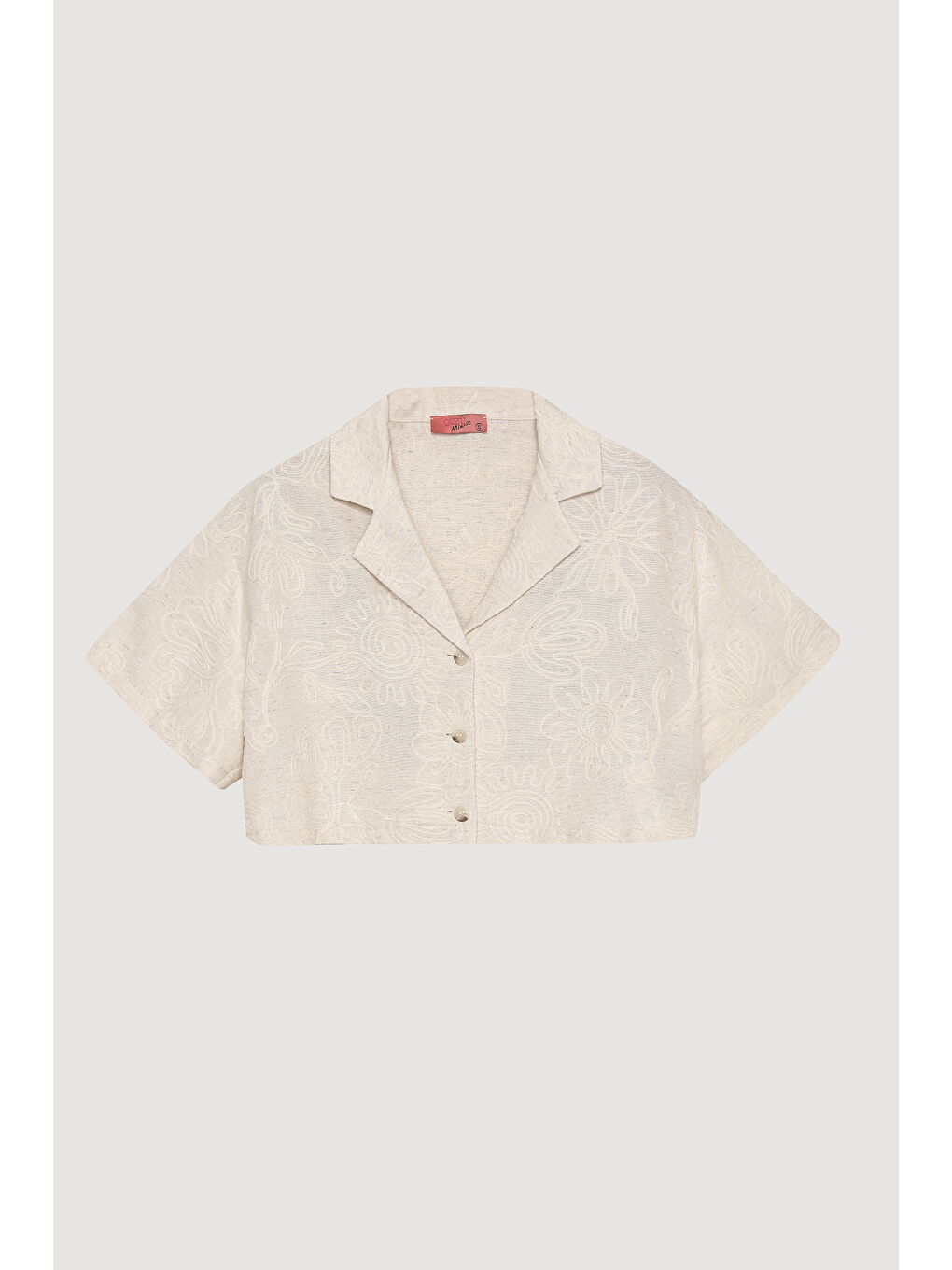 Bej Nakış İşlemeli Keten Crop Gömlek Naturel-1