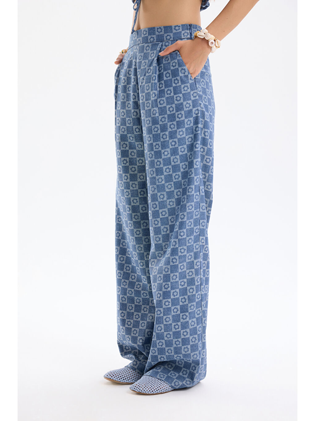 Damalı Jean Görünümlü Bol Paça Pantolon İndigo-3