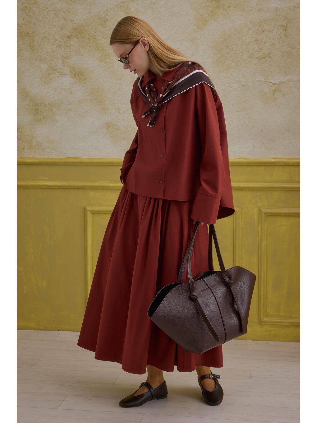 %100 Pamuk Kruvaze Gömlek Açık Bordo-1