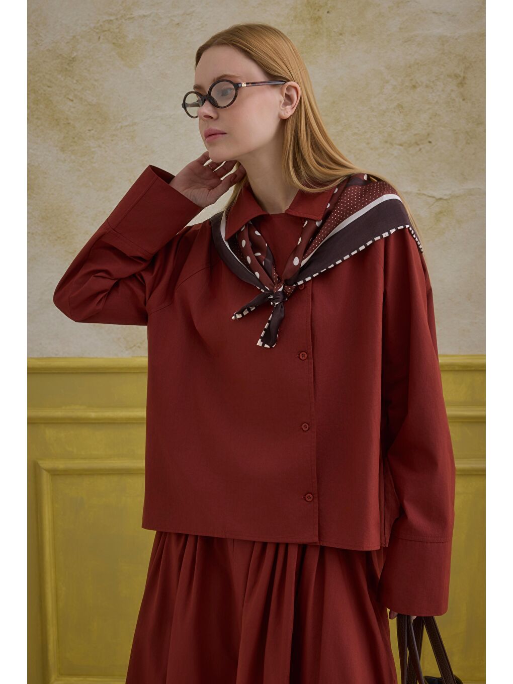 %100 Pamuk Kruvaze Gömlek Açık Bordo-4