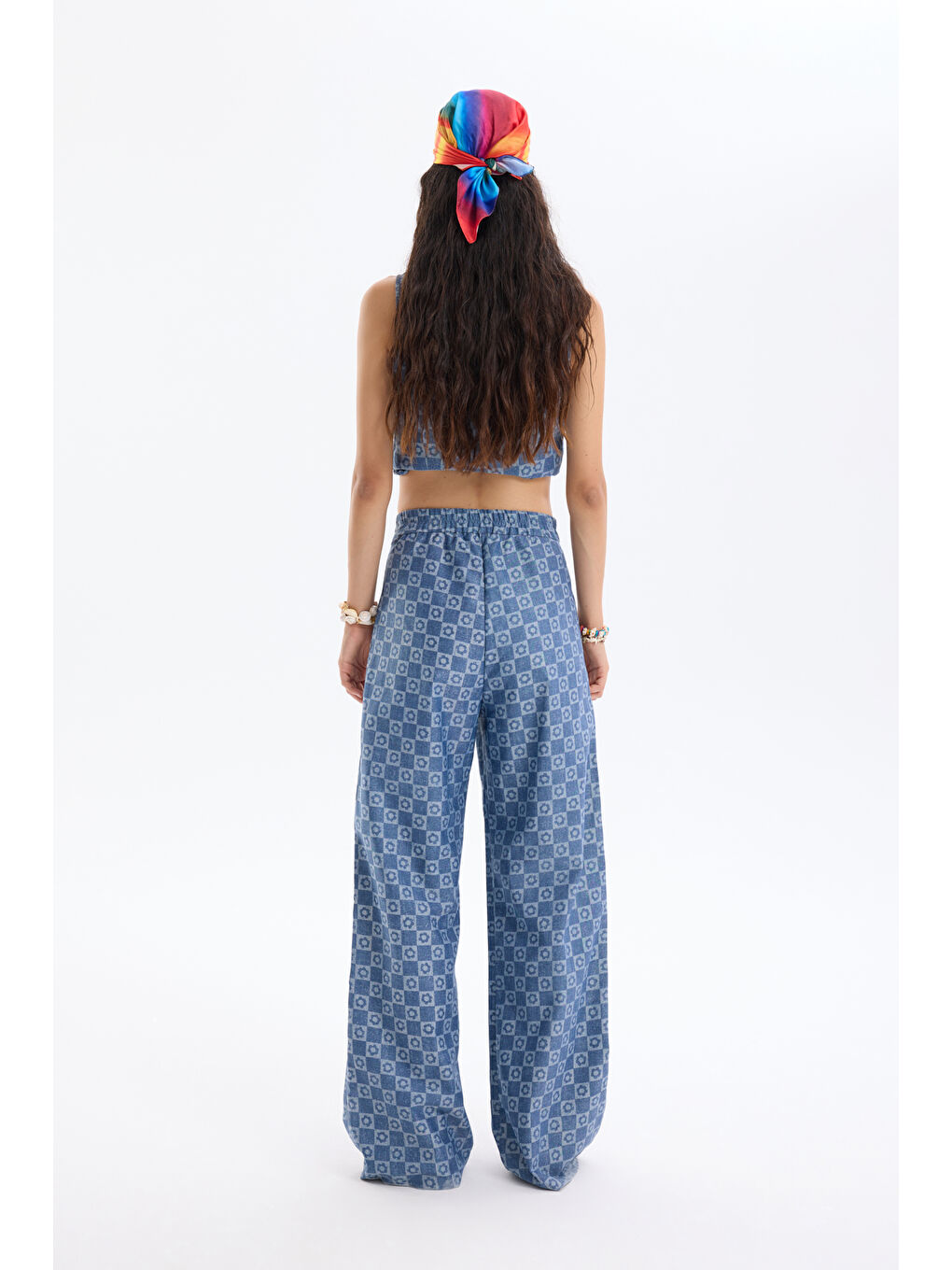 Damalı Jean Görünümlü Bol Paça Pantolon İndigo-4