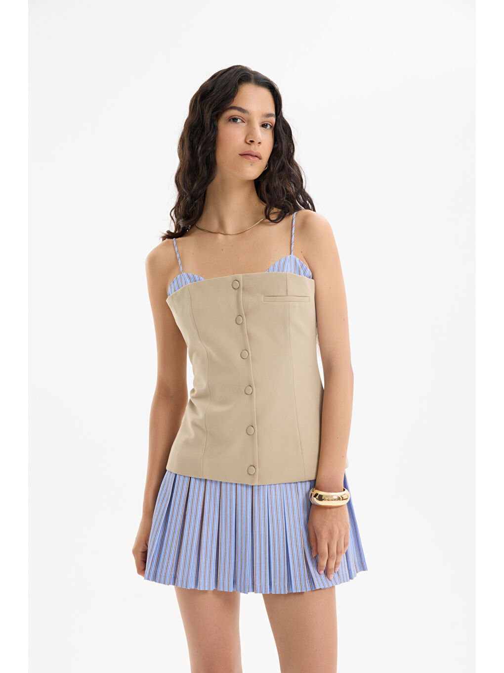 Büstiyer Bluz Garnili Pileli Mini Elbise Bej-3