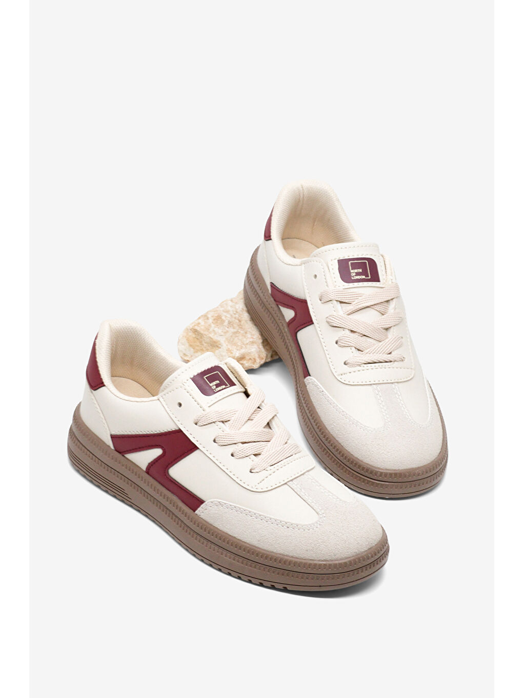 Kadın Bej Bordo Rahat Kalıp Kauçuk Taban Bağcıklı Sneaker-4