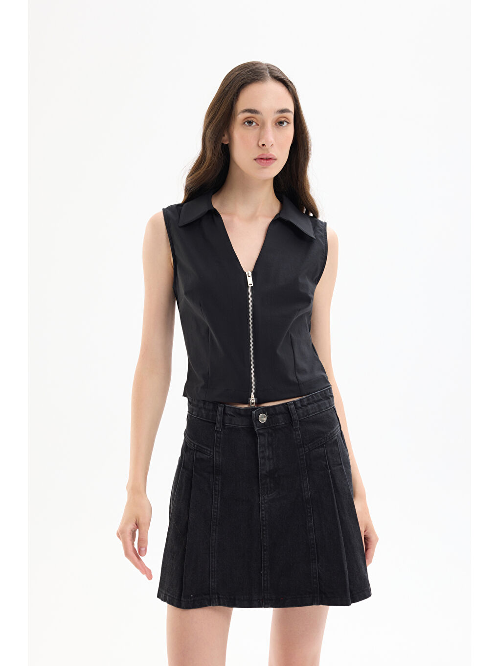 Fermuarlı Kolsuz Bluz Siyah