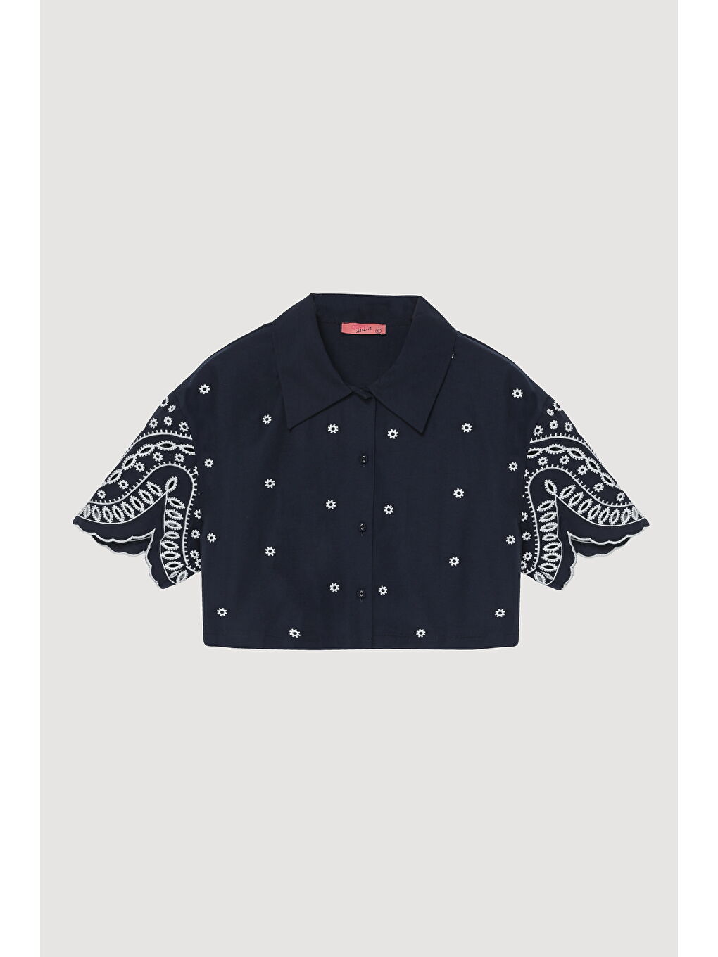Mini Çiçek İşlemeli Kolları Nakışlı Gömlek Lacivert-1
