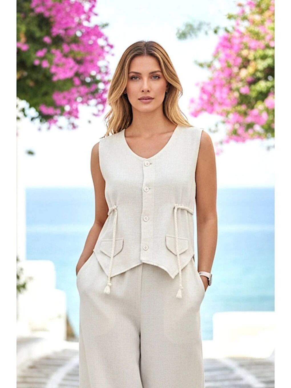 Ekru Askılı Yanları Halat Detaylı Gömlek Pantalon Keten Takım-1