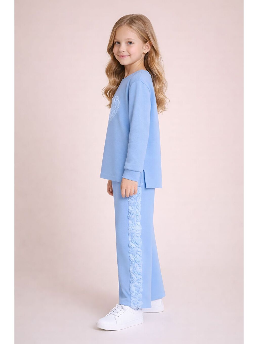 Mavi Gül Detaylı Geniş Paça Pantolonlu Kız Çocuk Badili 2li Takım 23731-1