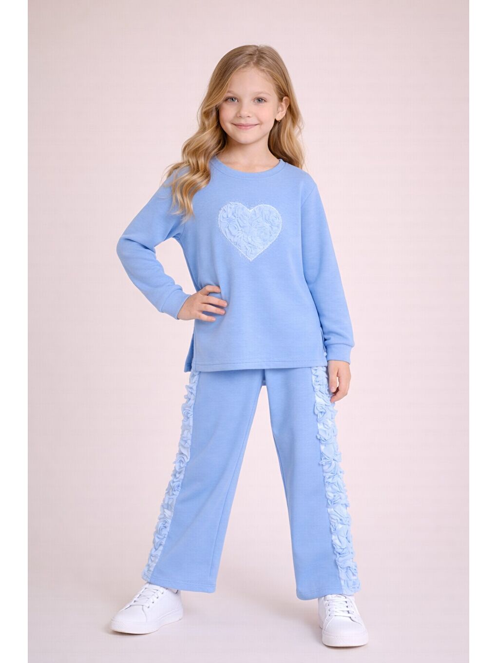 Mavi Gül Detaylı Geniş Paça Pantolonlu Kız Çocuk Badili 2li Takım 23731-3