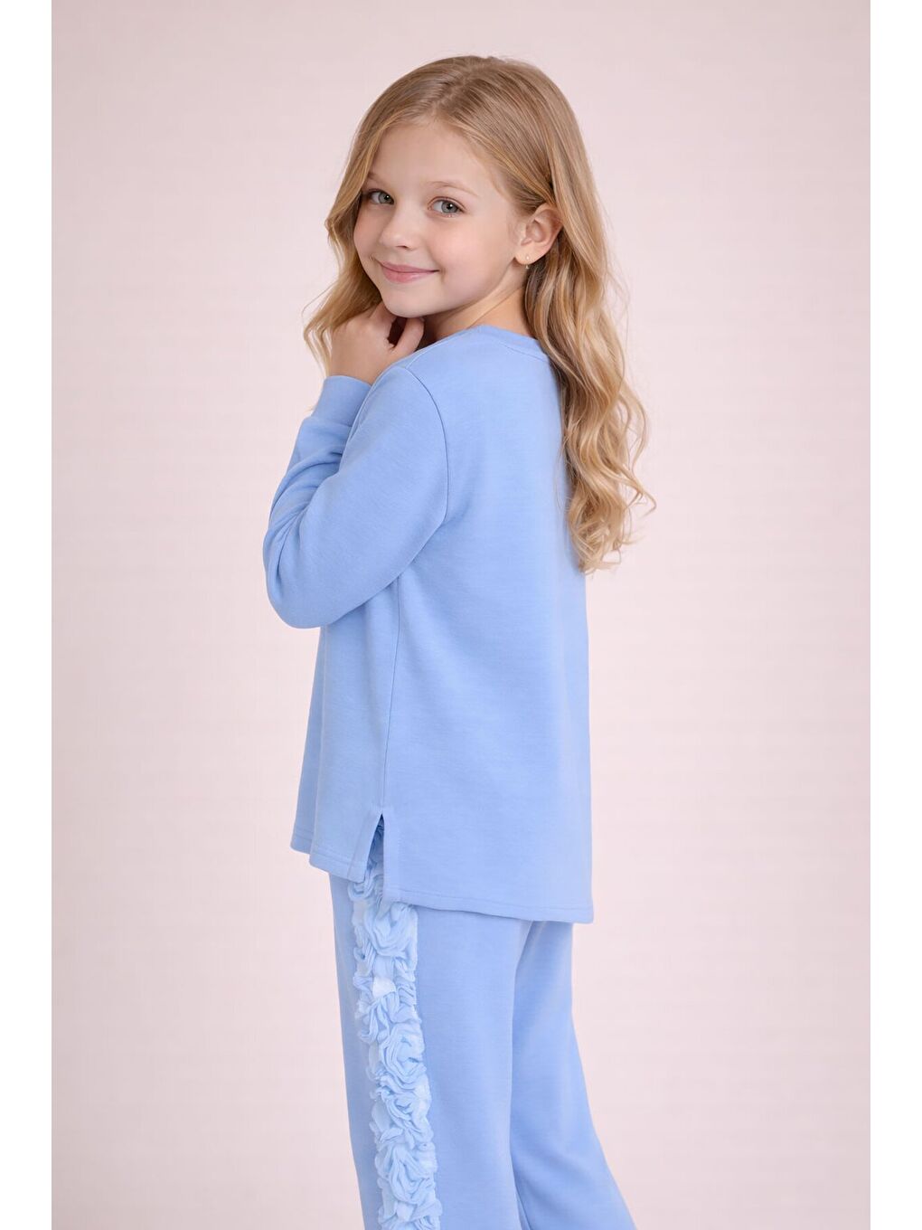 Mavi Gül Detaylı Geniş Paça Pantolonlu Kız Çocuk Badili 2li Takım 23731-4